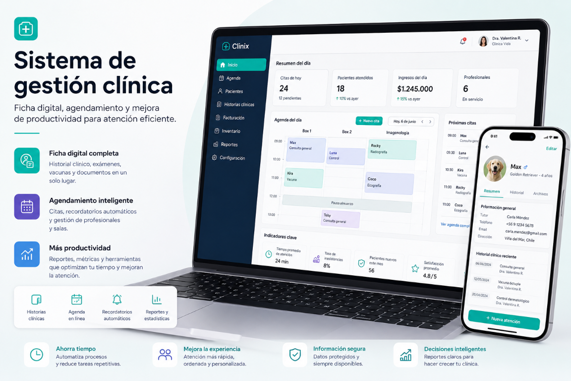 Sistema de gestión clínica con ficha de pacientes, agenda y panel de indicadores