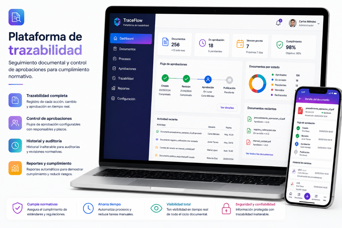 Plataforma de trazabilidad con documentos, flujo de aprobaciones y control de cumplimiento