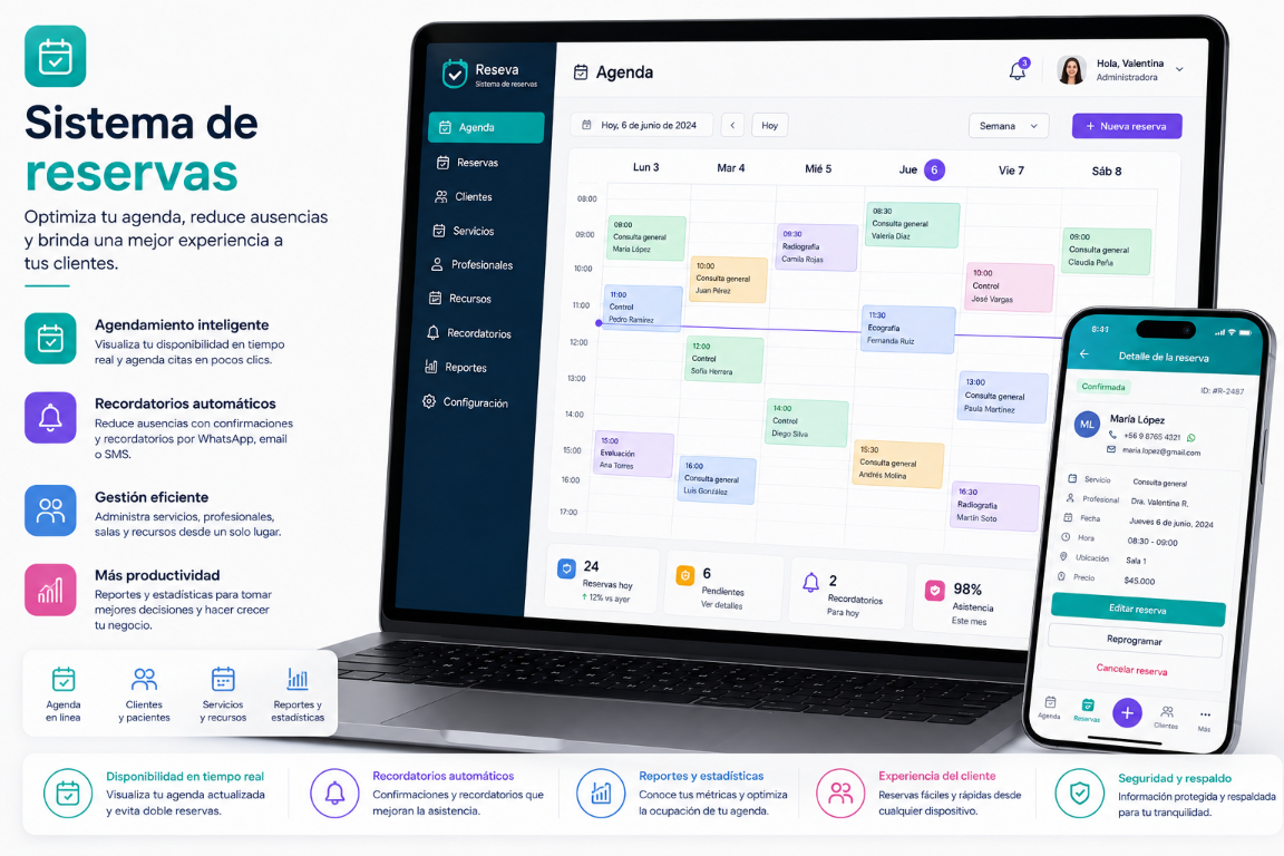 Sistema de reservas con agenda, disponibilidad y detalle de reservas