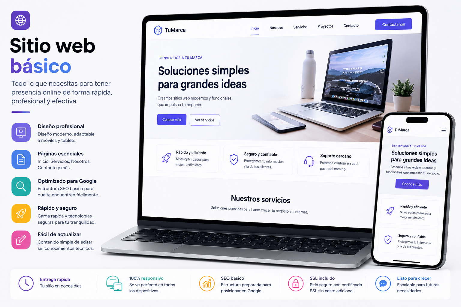 Sitio web básico adaptable a móviles con inicio, servicios y contacto